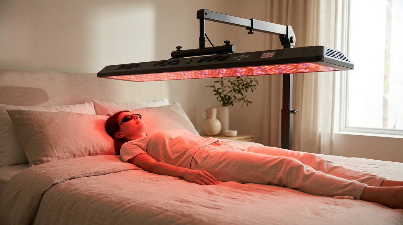Horizontal red light therapy panel suspended above a person lying on a mat